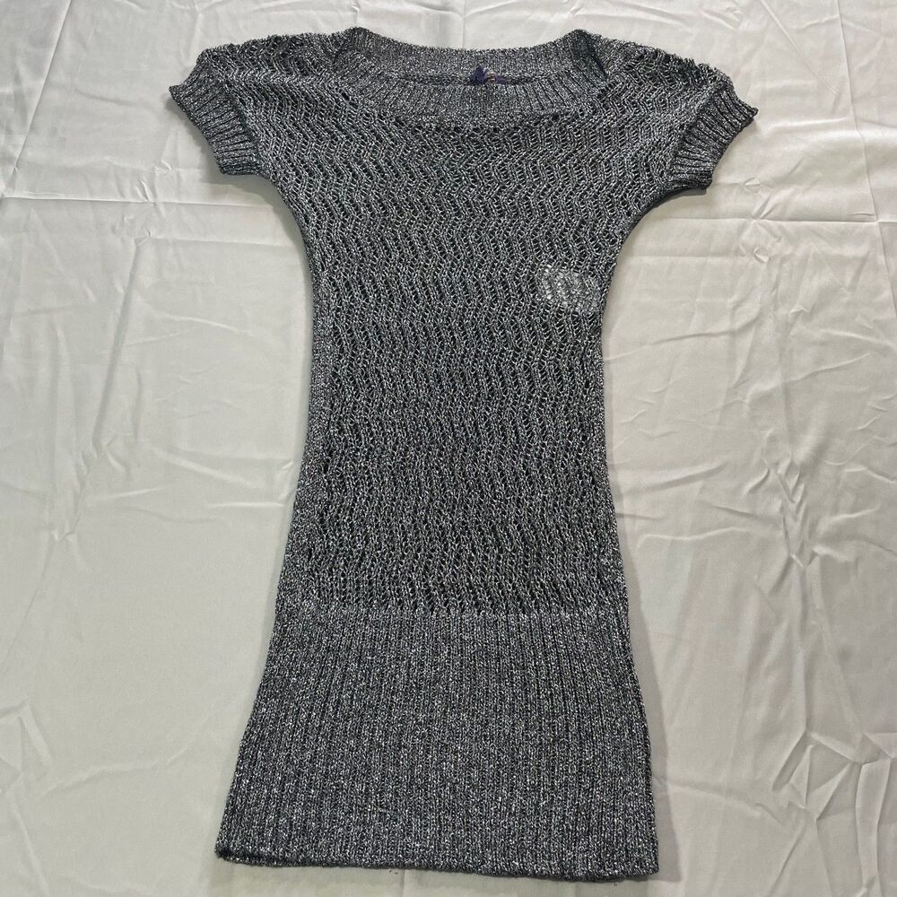 Kouture by Kimora Crochet Shirt Dress Cap Sleeve Gray Metallic Scoop Neck Size M
